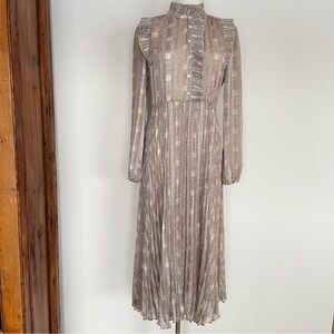 Ba&sh Pleated Midi Dress Ruffles Cottagecore Feminine Boho Dark academia- Sz S